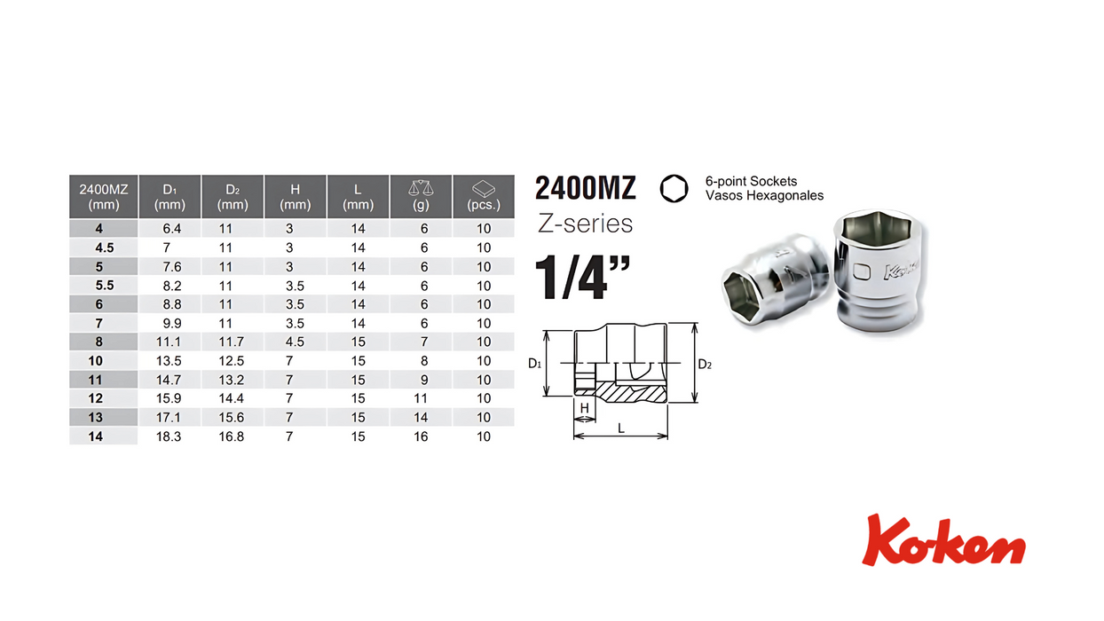 Käsikäyttöiset hylsyt 1/4" Z-Series / 6-kulmainen