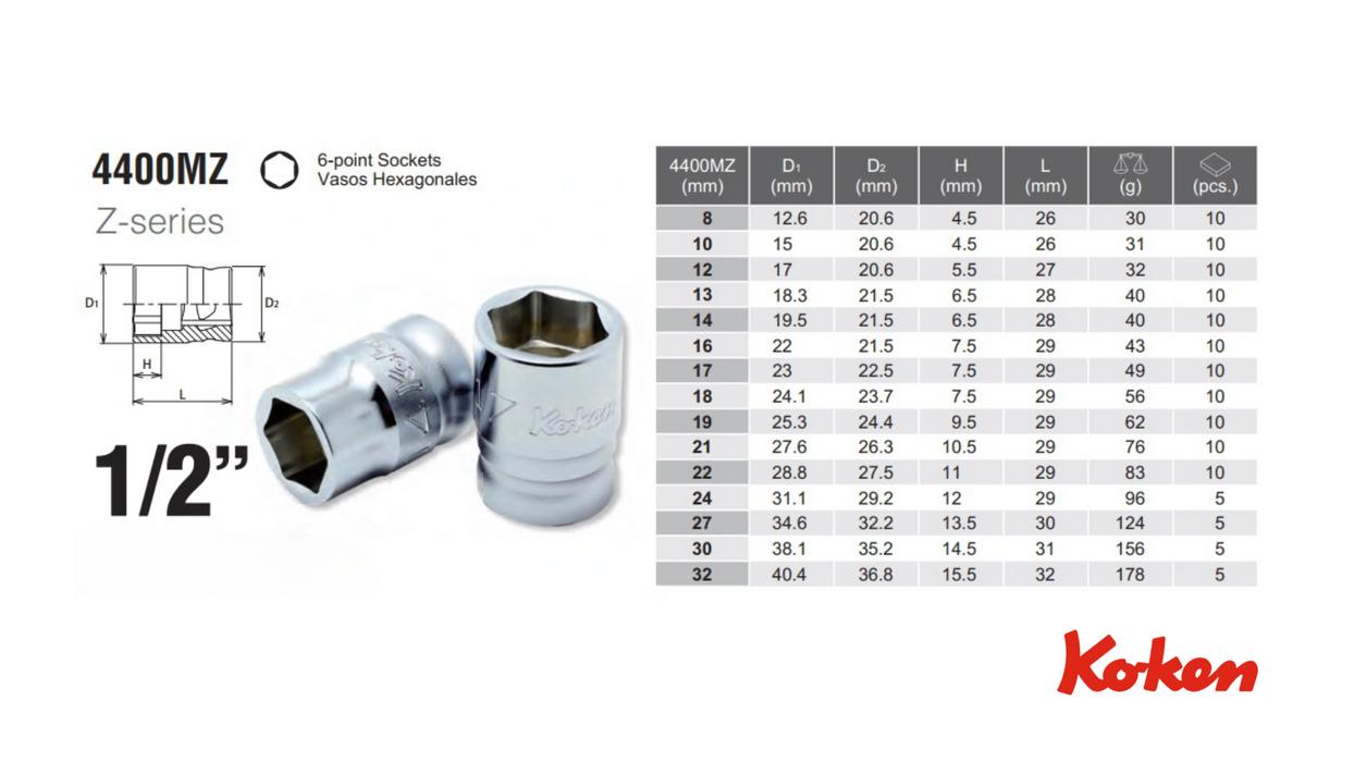 Käsikäyttöiset hylsyt 1/2" Z-Series / 6-kulmainen