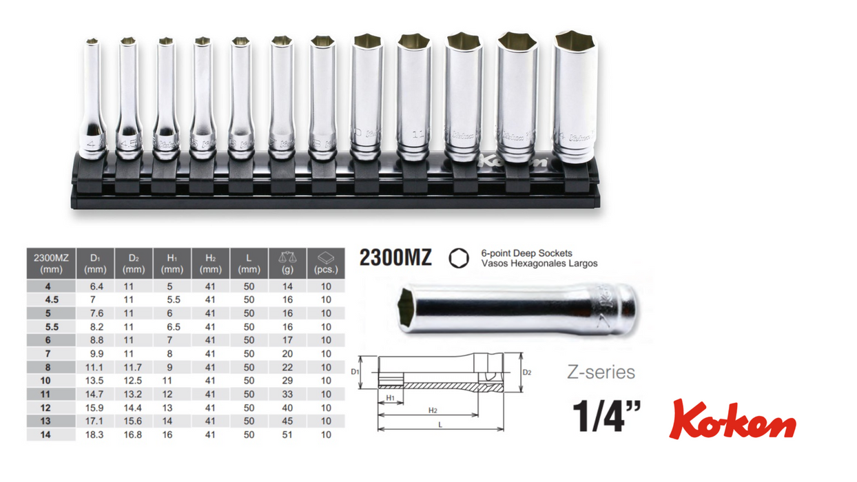 Käsikäyttöiset hylsyt 1/4" pitkä / Z-Series / 6-kulmainen